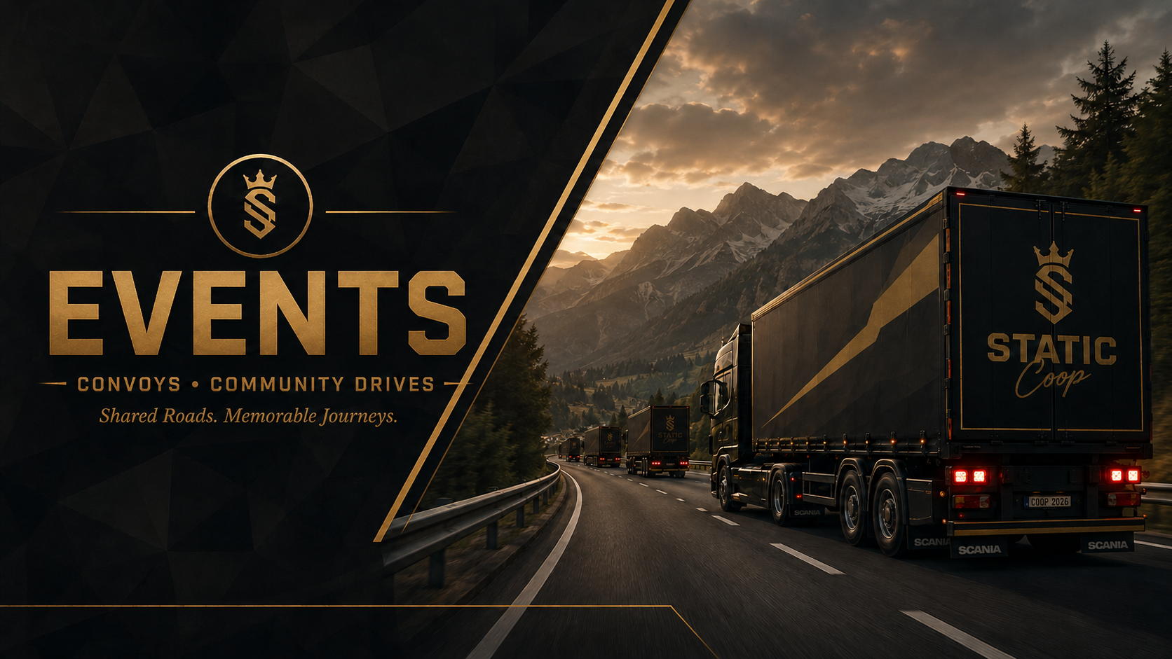 Static Coop Events banner with a convoy driving through a mountain landscape