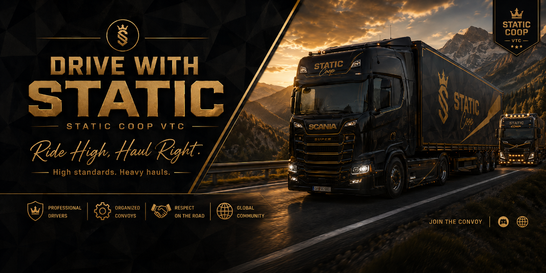 Static Coop black Scania trucks driving through the mountains