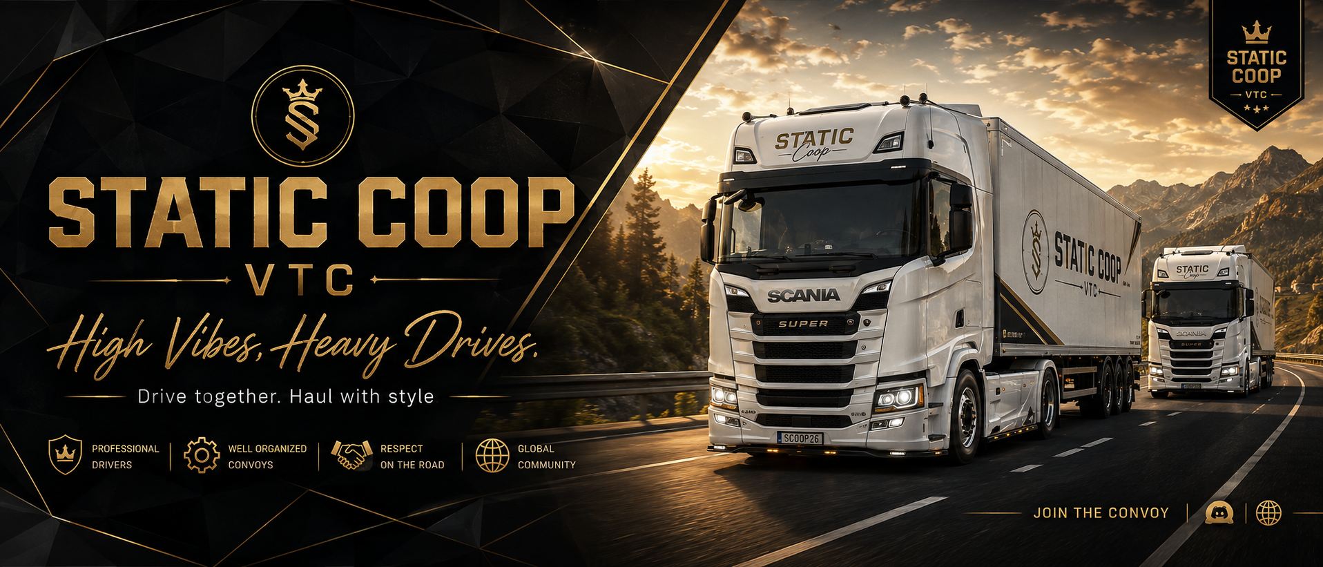 Static Coop white Scania trucks driving through a mountain landscape