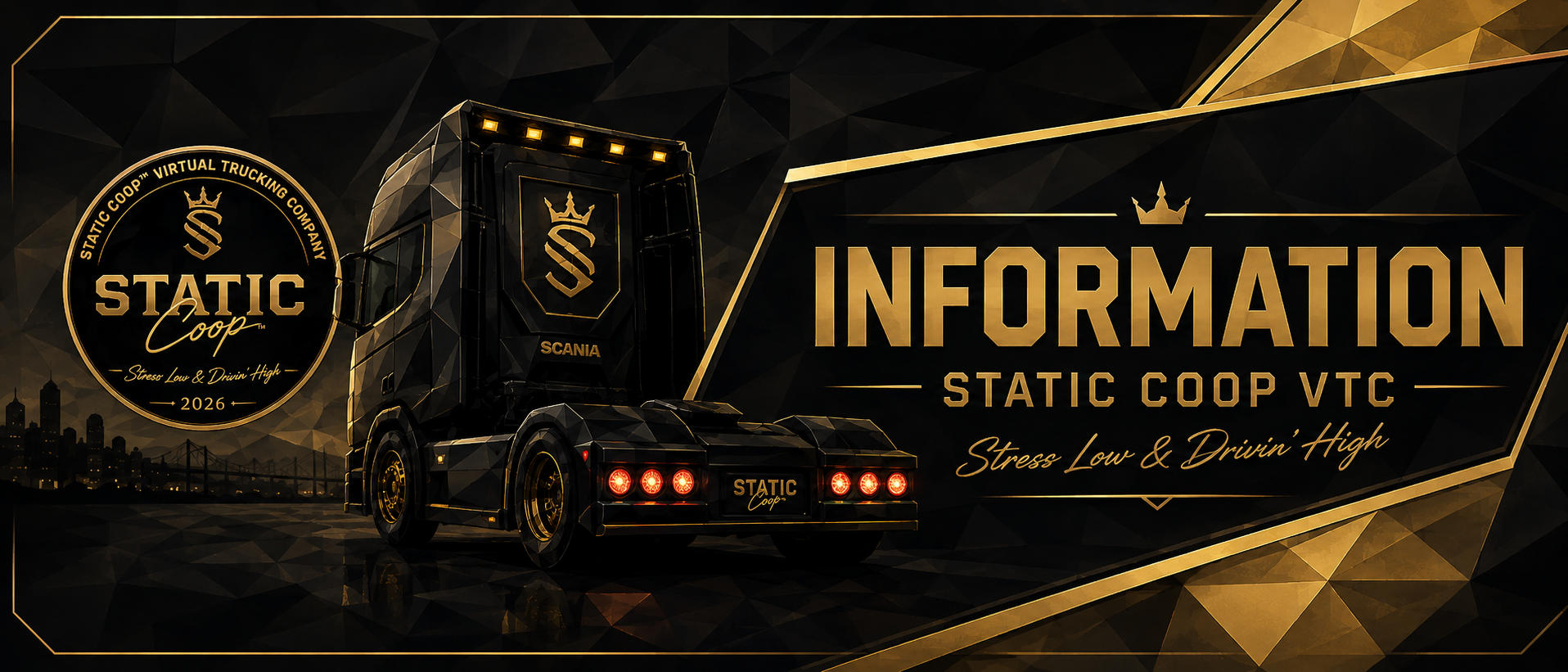 Static Coop information banner with black and gold truck branding