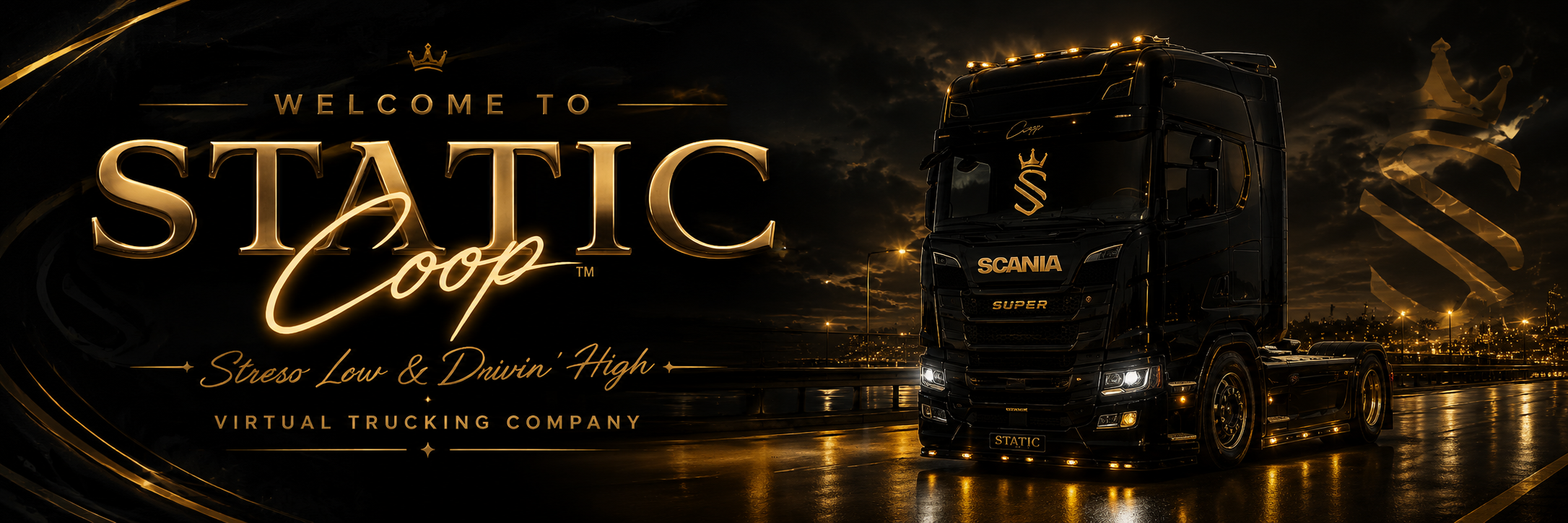 Welcome to Static Coop with a black Scania truck at night